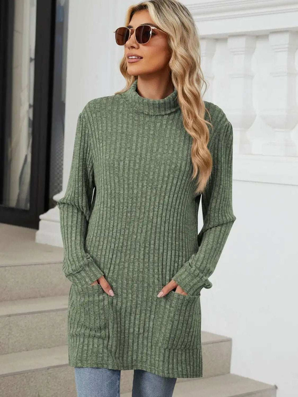 Ribbed Mock Neck Long Sleeve T-Shirt - Trendsi - Flyclothing LLC