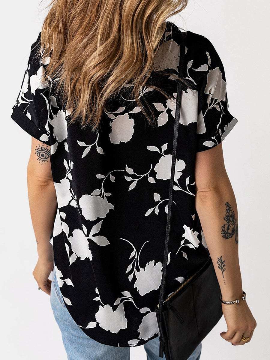 Full Size Printed Notched Short Sleeve Blouse - Trendsi - Flyclothing LLC