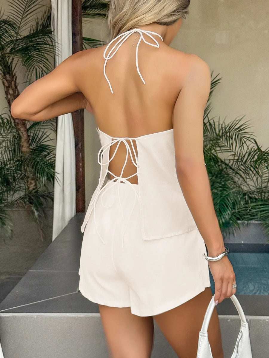Tied Front Halter Neck Cami and Shorts Set - Trendsi - Flyclothing LLC