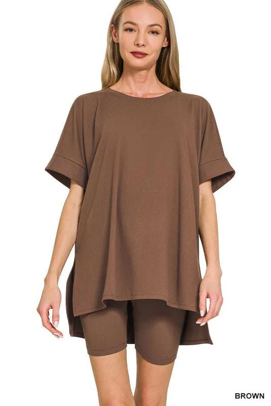 Zenana Full Size Brushed Dty Microfiber Round Neck Top and Biker Shorts Set Plus Size - Trendsi - Flyclothing LLC