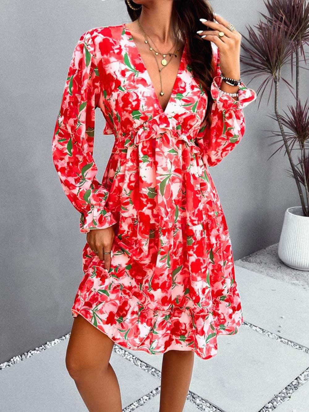Backless Printed V-Neck Flounce Sleeve Dress - Trendsi - Flyclothing LLC