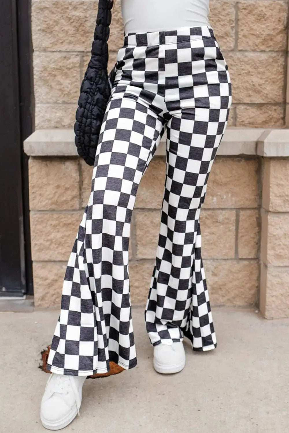 Checkered Flare Pants with Pockets - Trendsi - Flyclothing LLC