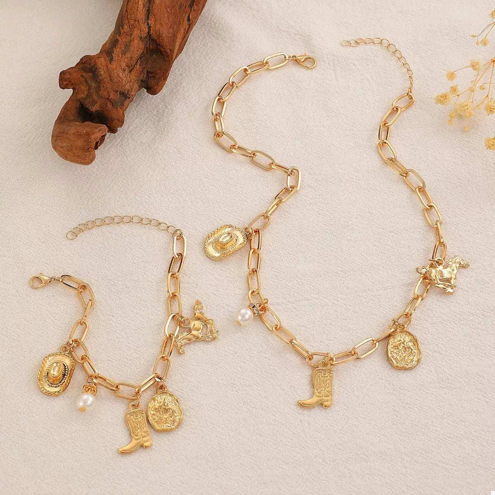 18K Gold-Plated Charm Necklace and Bracelet Jewelry Set - Trendsi - Flyclothing LLC