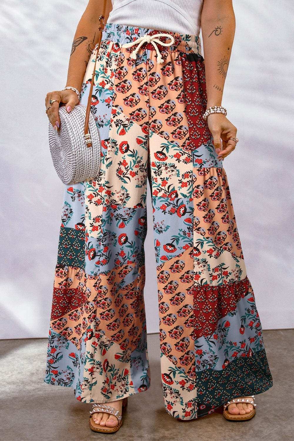 Full Size Drawstring Printed Wide Leg Pants - Trendsi - Flyclothing LLC