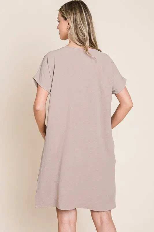 BOMBOM V-Neck Short Sleeve Dress with Pockets - Trendsi - Flyclothing LLC