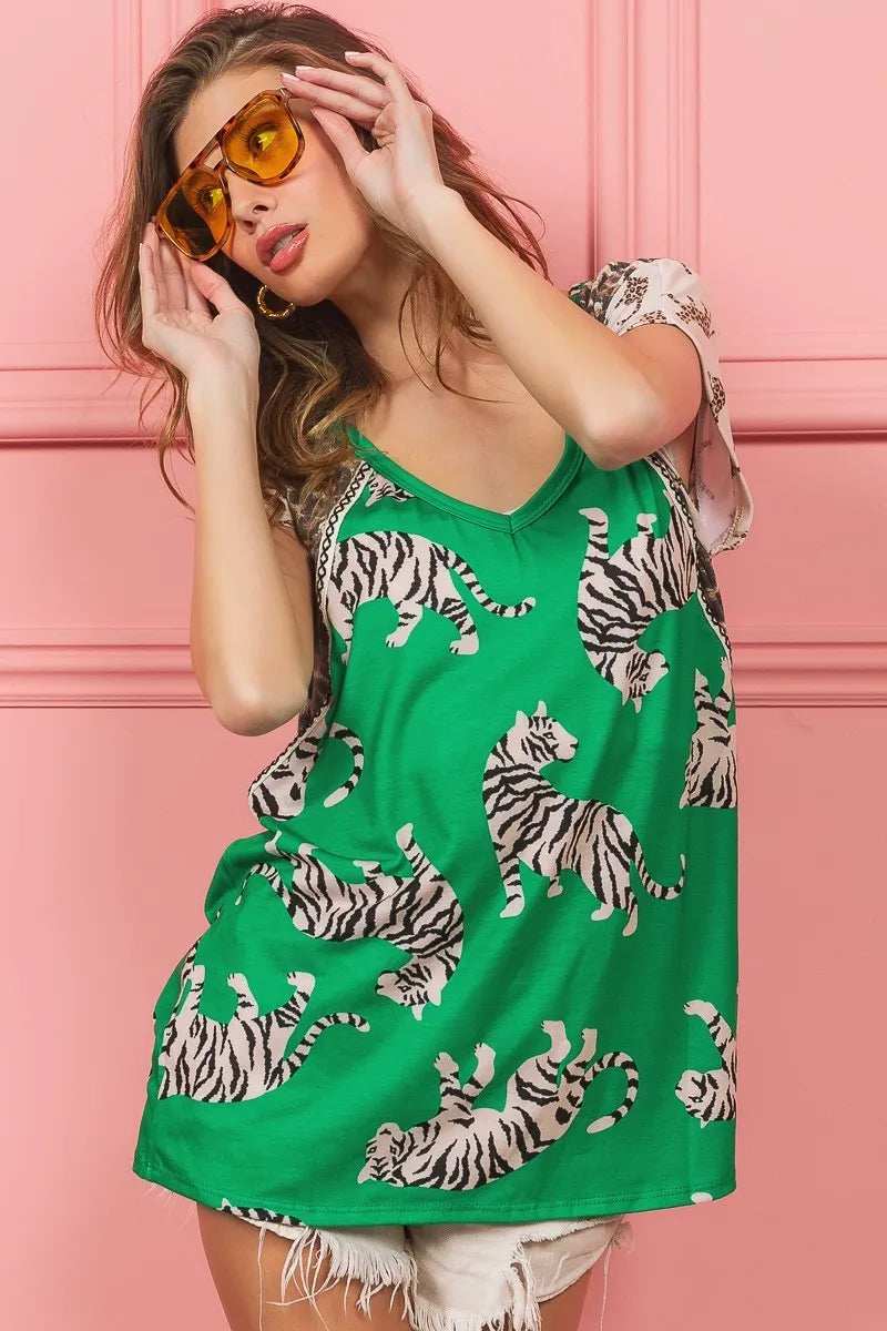 BiBi Tiger Printed Jersey Block T-Shirt with Aztec Trim - Trendsi - Flyclothing LLC