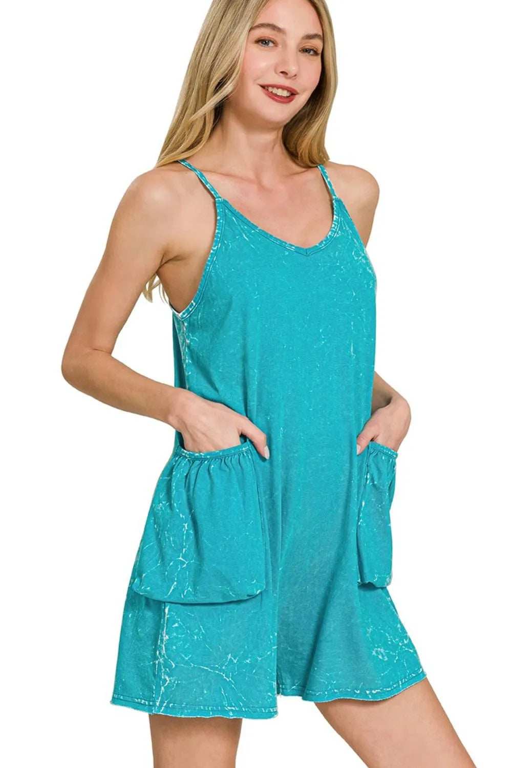 Zenana Acid Crinkle Washed Spaghetti Strap Romper - Trendsi - Flyclothing LLC