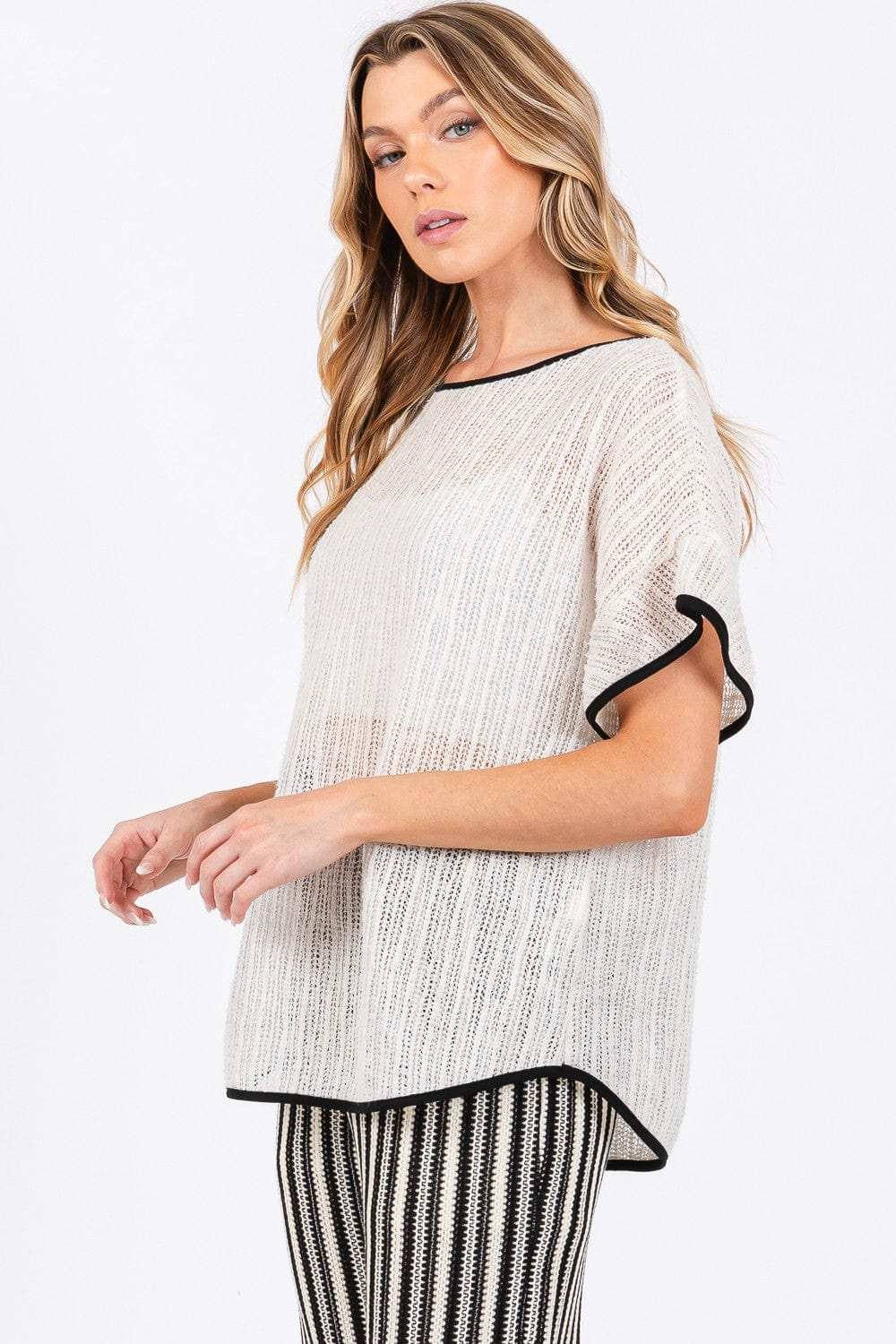 GeeGee Contrast Trim Short Sleeve Knit Cover Up - Trendsi - Flyclothing LLC
