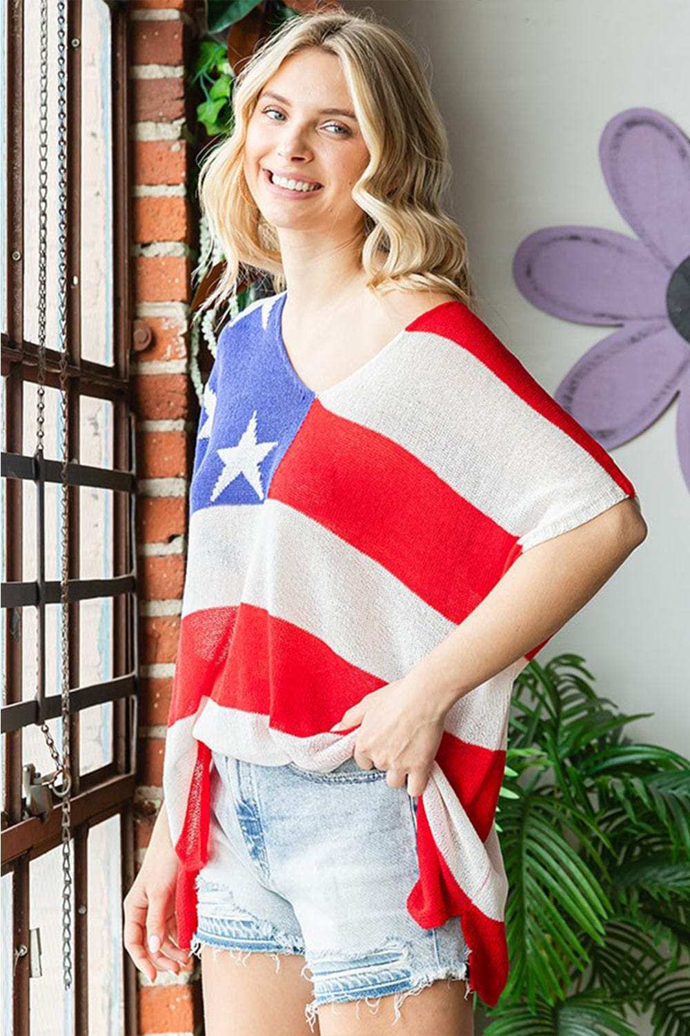 First Love Full Size USA Flag Drop Shoulder Knit Top - Trendsi - Flyclothing LLC