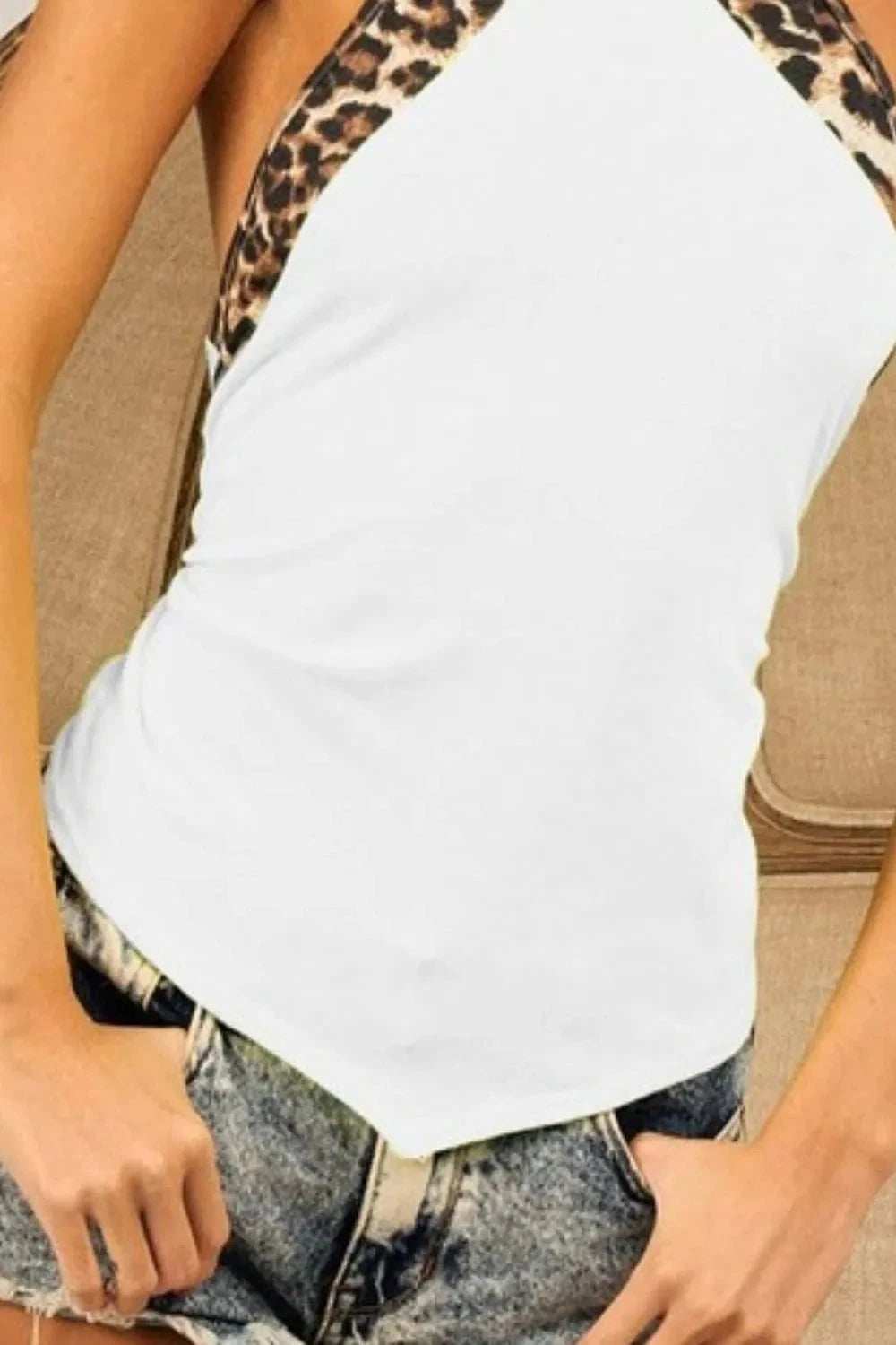BiBi Triblend Leopard Halter Neck Tied Detailed Top - Trendsi - Flyclothing LLC