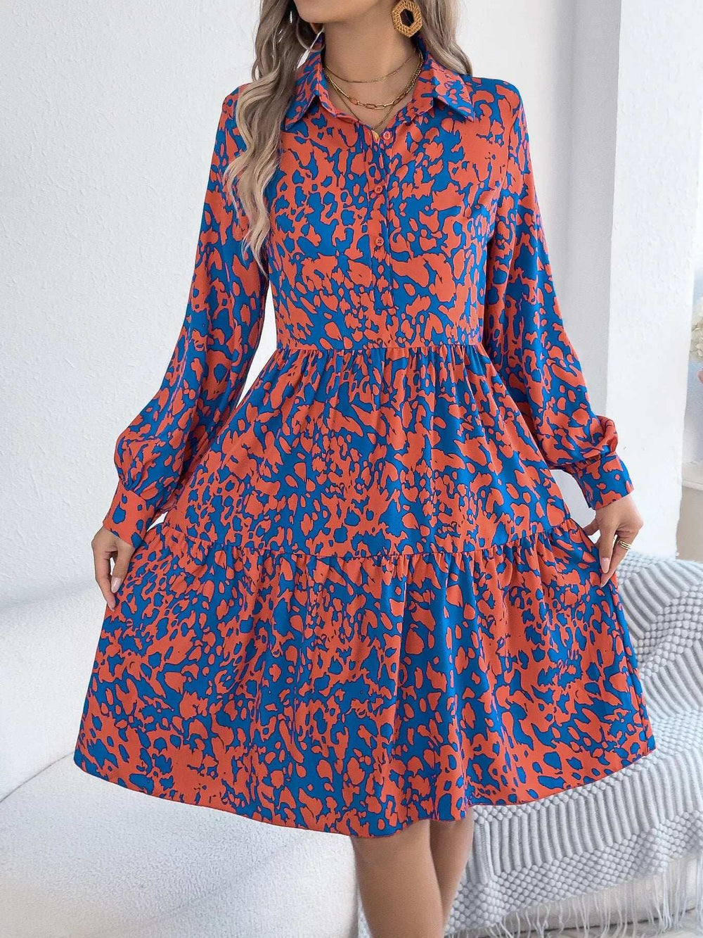 Printed Collared Neck Long Sleeve Dress - Trendsi - Flyclothing LLC