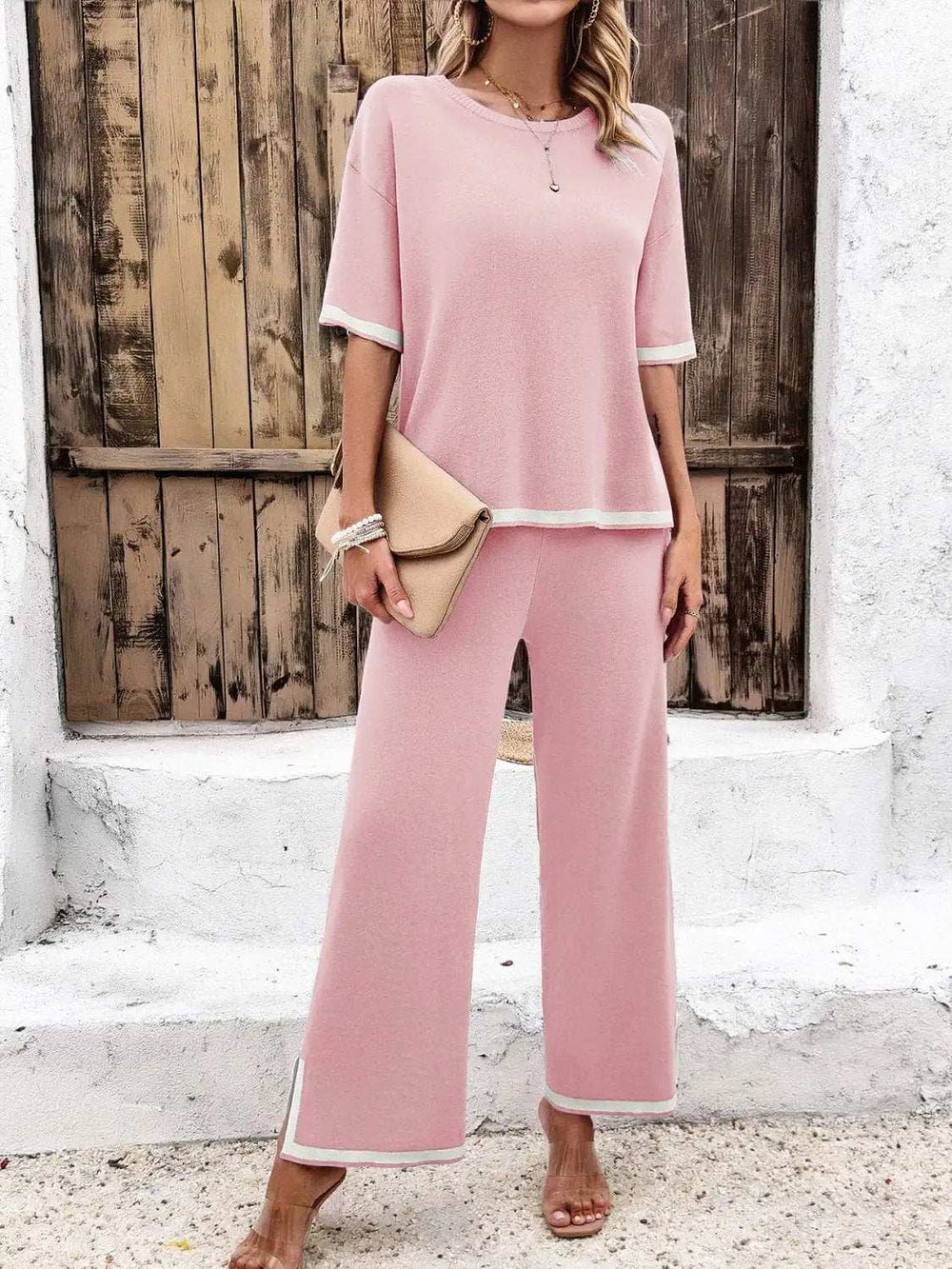 Contrast Trim Round Neck Top and Pants Set - Trendsi - Flyclothing LLC
