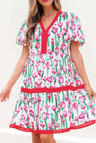 Floral Print Contrast Trim V Neck Bubble Short Sleeve Babydoll Dress - Trendsi - Flyclothing LLC