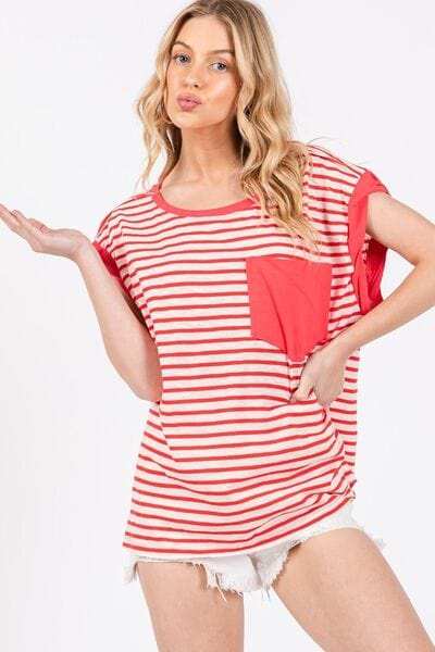 Ces Femme Side Slit Striped Cap Sleeve T-Shirt - Trendsi - Flyclothing LLC