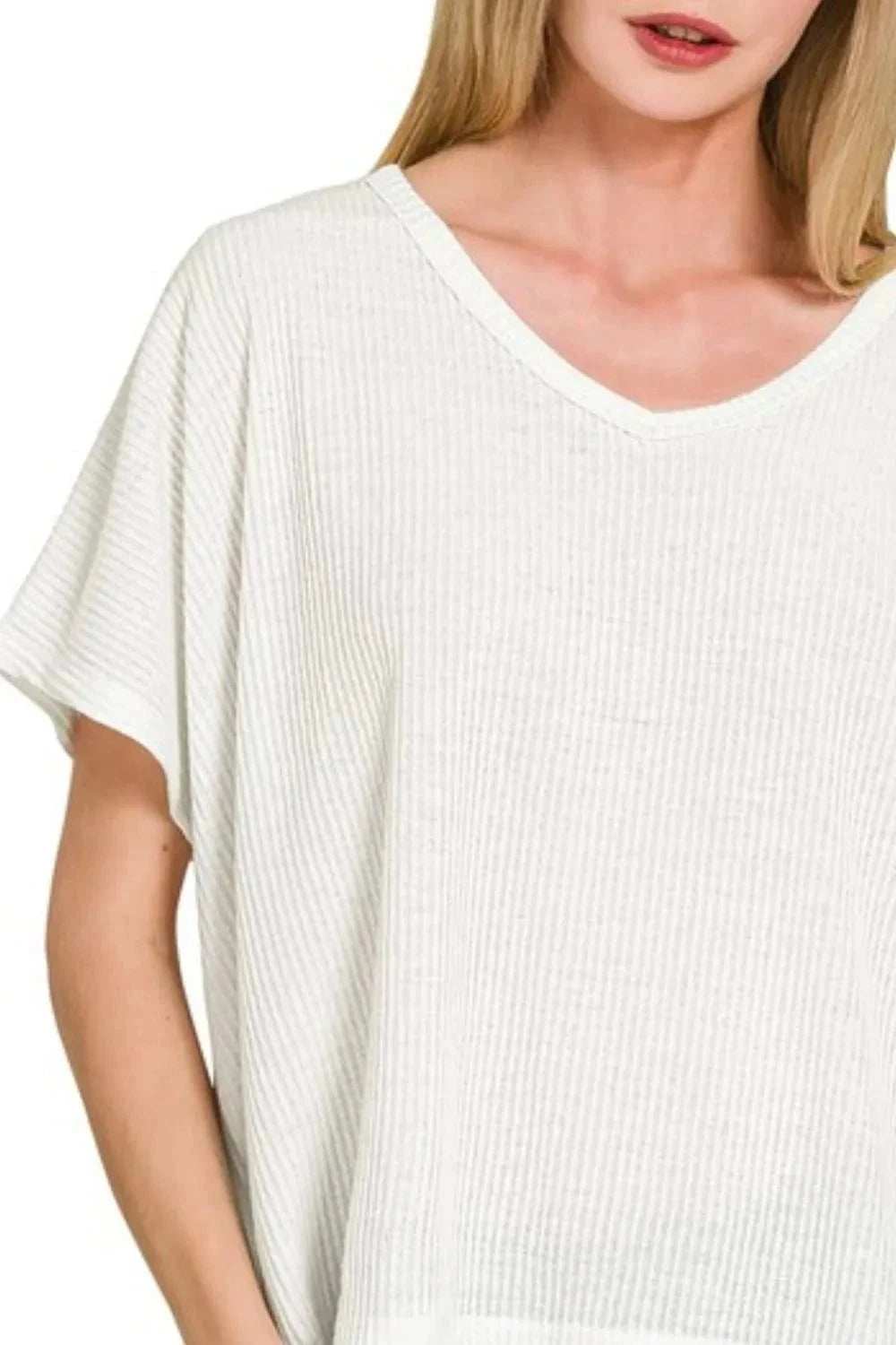 Zenana Ribbed V-Neck Short-Sleeve Knit Top - Trendsi - Flyclothing LLC
