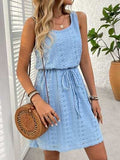 Eyelet Drawstring Round Neck Sleeveless Dress - Trendsi - Flyclothing LLC