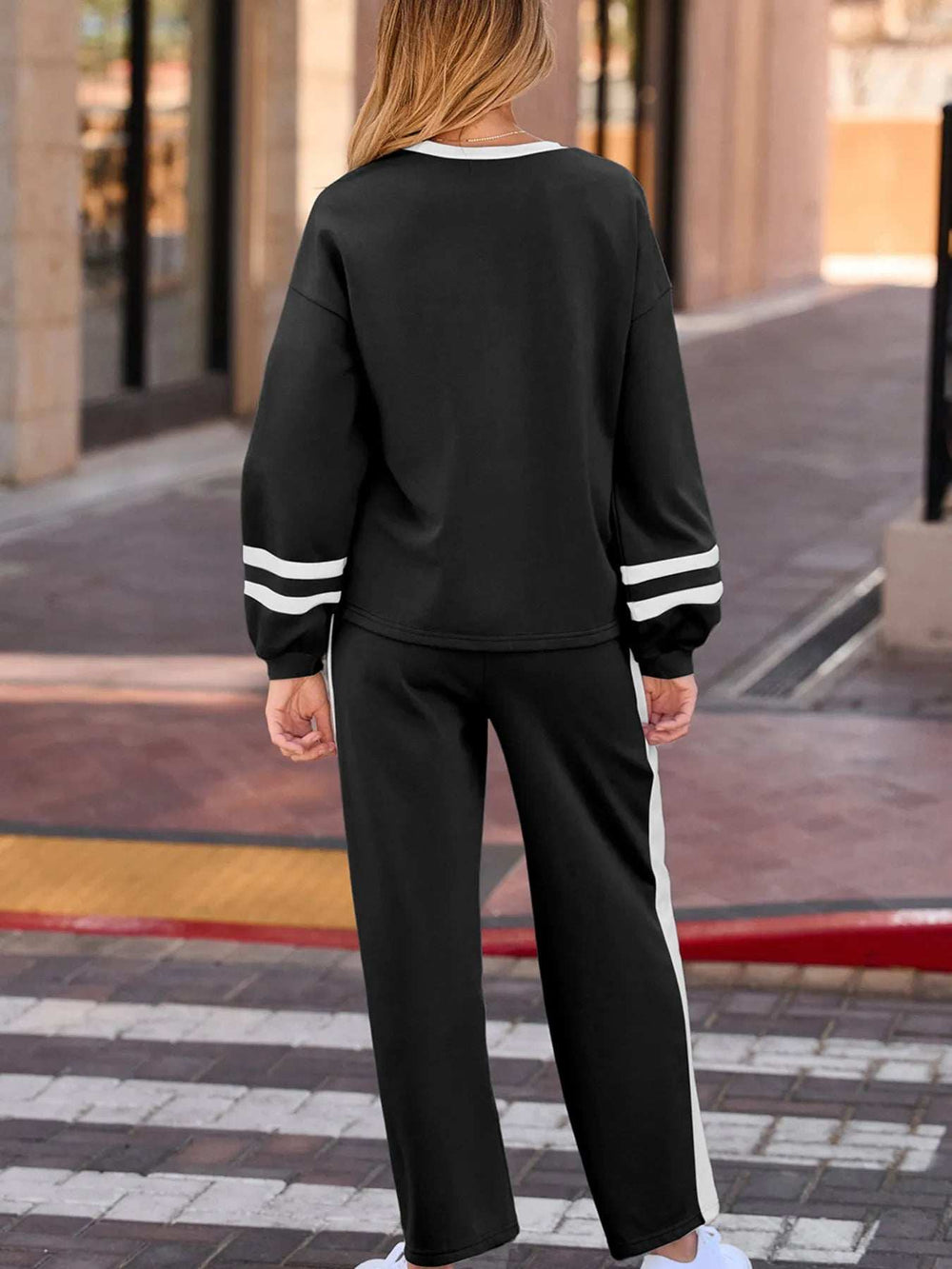 Contrast Trim Round Neck Top and Pants Set - Trendsi - Flyclothing LLC