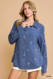 Umgee Linen Blend Fitted Shirt with Ribbon Embroidery Details - Trendsi - Flyclothing LLC