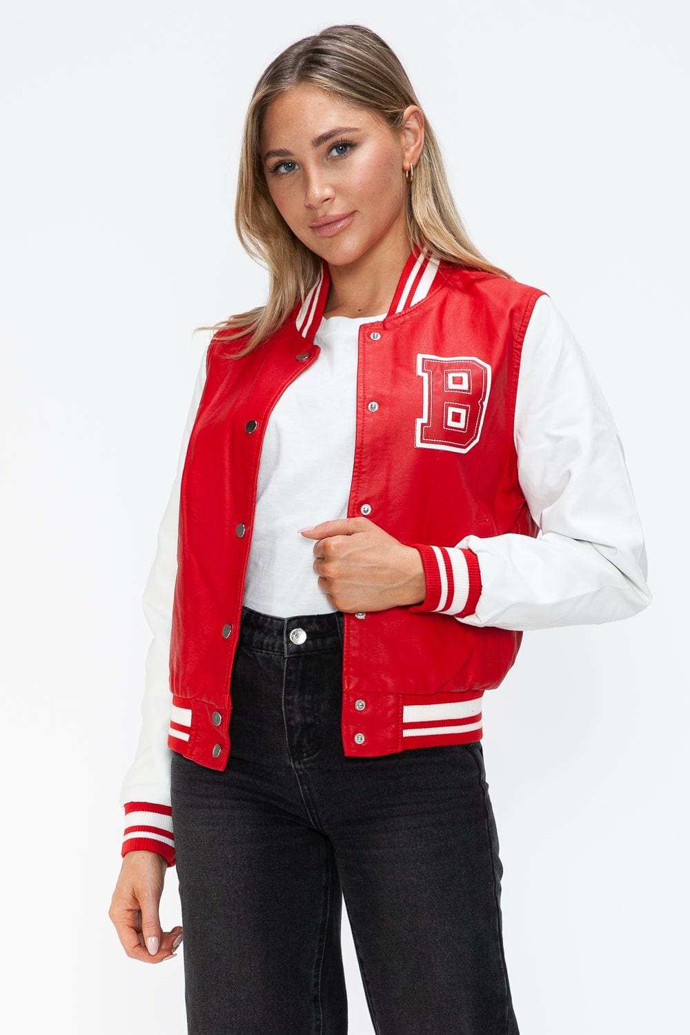 Love Me Now PU Leather Contrast Snap Down Bomber Jacket - Trendsi - Flyclothing LLC