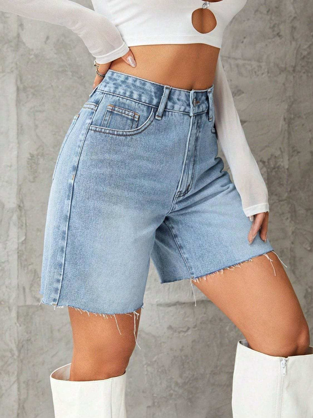 Frayed Hem Denim Shorts - Trendsi - Flyclothing LLC