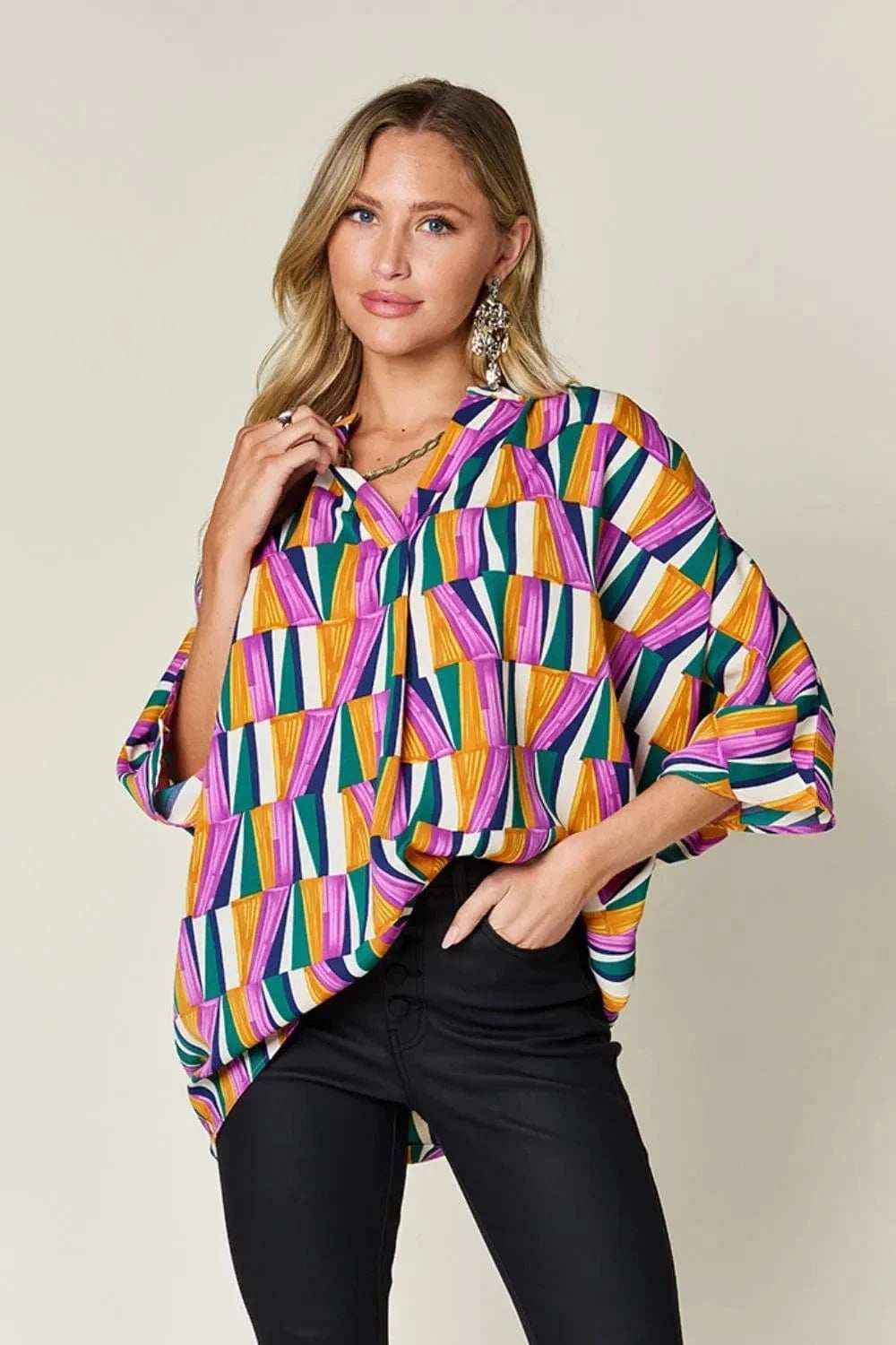 Double Take Full Size Geometric Notched Dolman Sleeve Top - Trendsi - Flyclothing LLC