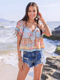 Printed Sweetheart Neck Layered Short Sleeve Blouse - Trendsi - Flyclothing LLC