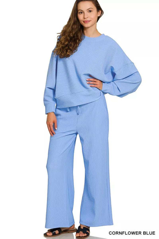 Zenana Ribbed Round Neck Pullover and Drawstring Pants Set - Trendsi - Flyclothing LLC