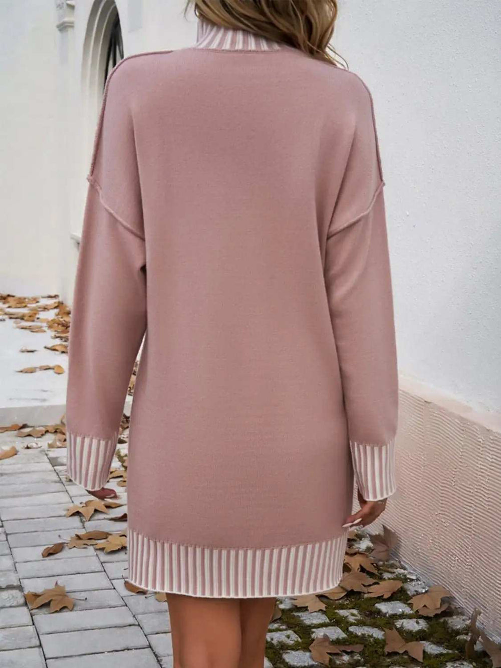 Striped Mock Neck Long Sleeve Sweater Dress - Trendsi - Flyclothing LLC