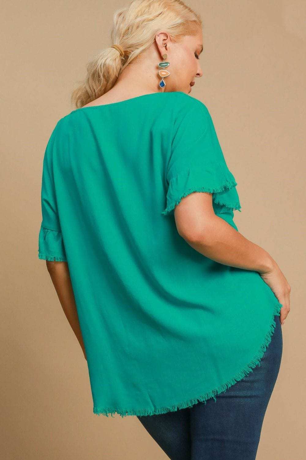 Umgee Full Size Raw Hem Ruffle Short Sleeve Blouse Plus Size - Trendsi - Flyclothing LLC