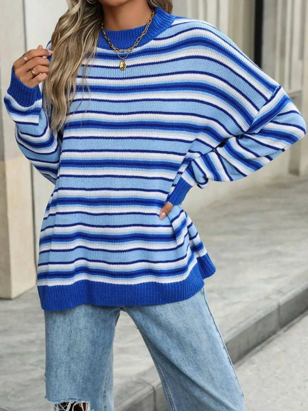 Striped Mock Neck Long Sleeve Sweater - Trendsi - Flyclothing LLC