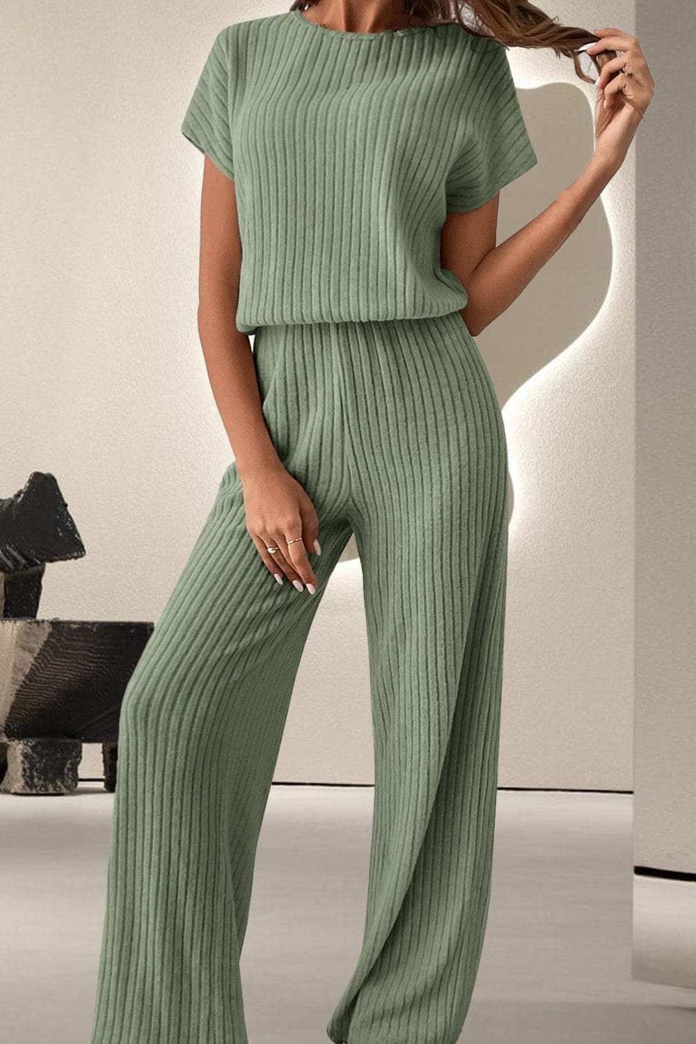 Round Neck Short Sleeve Jumpsuit - Trendsi - Flyclothing LLC