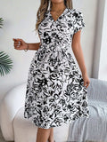 Printed V-Neck Short Sleeve Dress - Trendsi - Flyclothing LLC