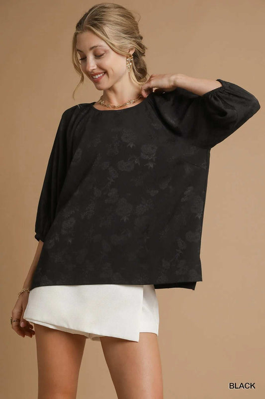 Umgee Satin Jacquard Balloon Sleeve Blouse - Trendsi - Flyclothing LLC