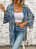 Printed Open Front Three-Quarter Sleeve Cover Up - Trendsi - Flyclothing LLC
