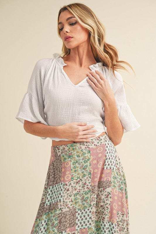 Aemi + Co Side Slit Notched Ruffled Half Sleeve Blouse - Trendsi - Flyclothing LLC
