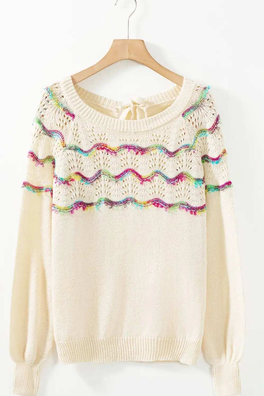 Openwork Wavy Striped Round Neck Sweater - Trendsi - Flyclothing LLC