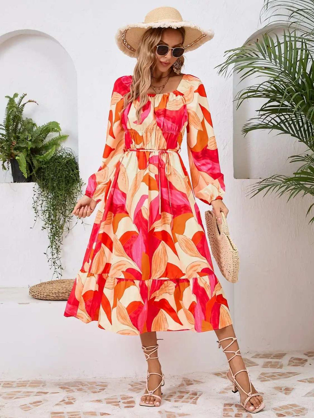 Printed Long Sleeve Midi Dress - Trendsi - Flyclothing LLC