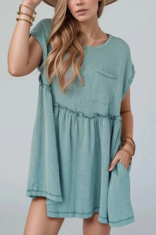 Frill Round Neck Cap Sleeve Mini Dress - Trendsi - Flyclothing LLC
