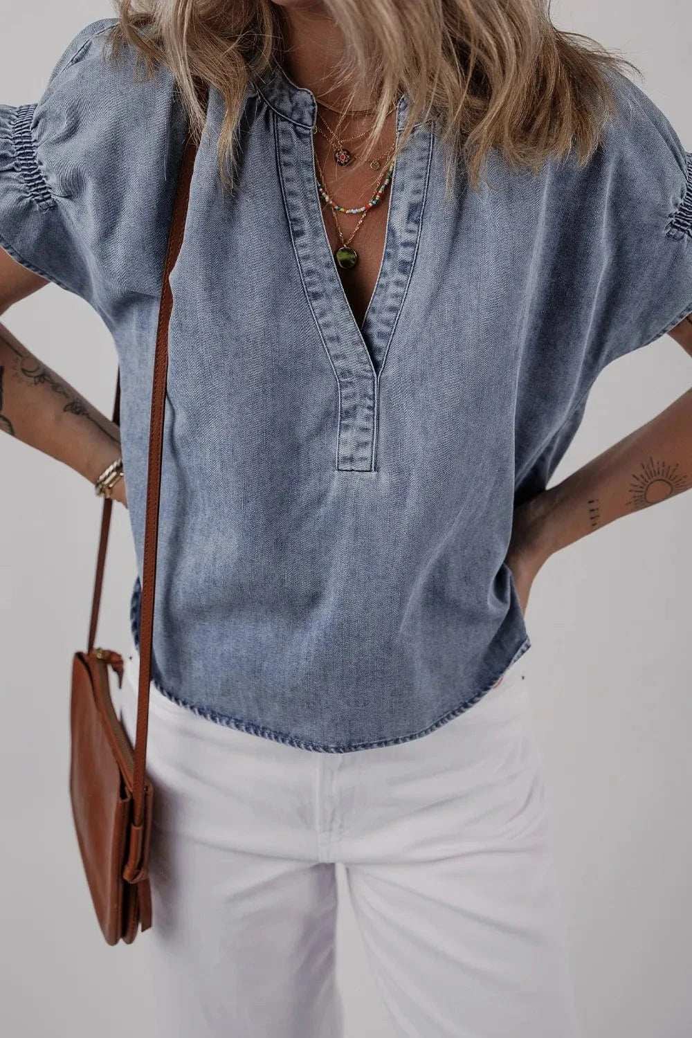V Neck Ruffled Short Puff Sleeve Denim Top - Trendsi - Flyclothing LLC