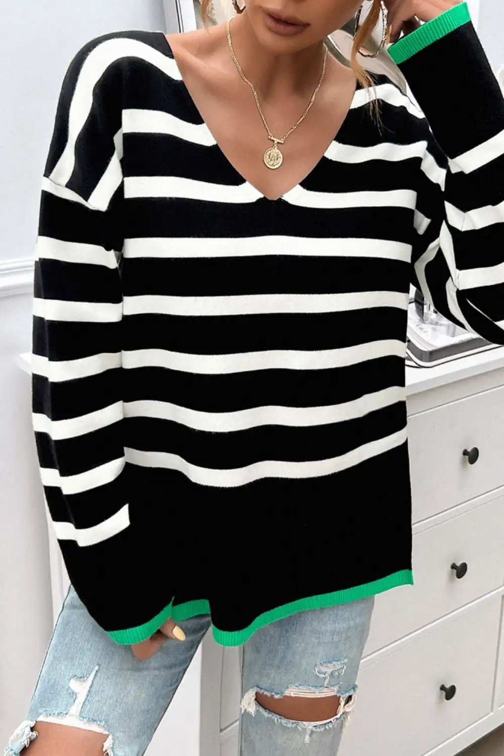 Striped V-Neck Long Sleeve Knit Top - Trendsi - Flyclothing LLC