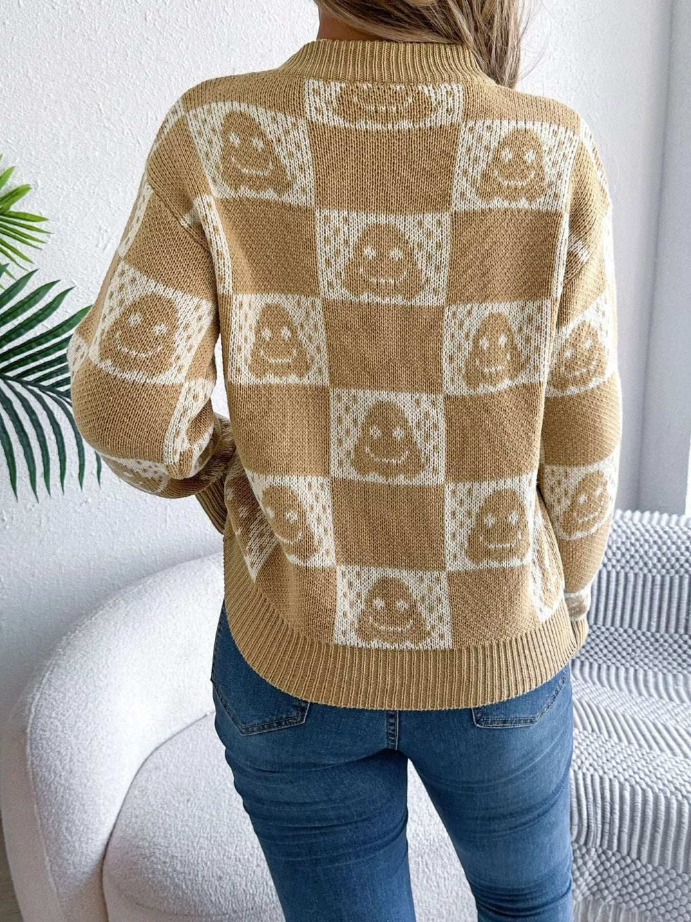 Halloween Ghost Pattern Checkered Round Neck Sweater - Trendsi - Flyclothing LLC