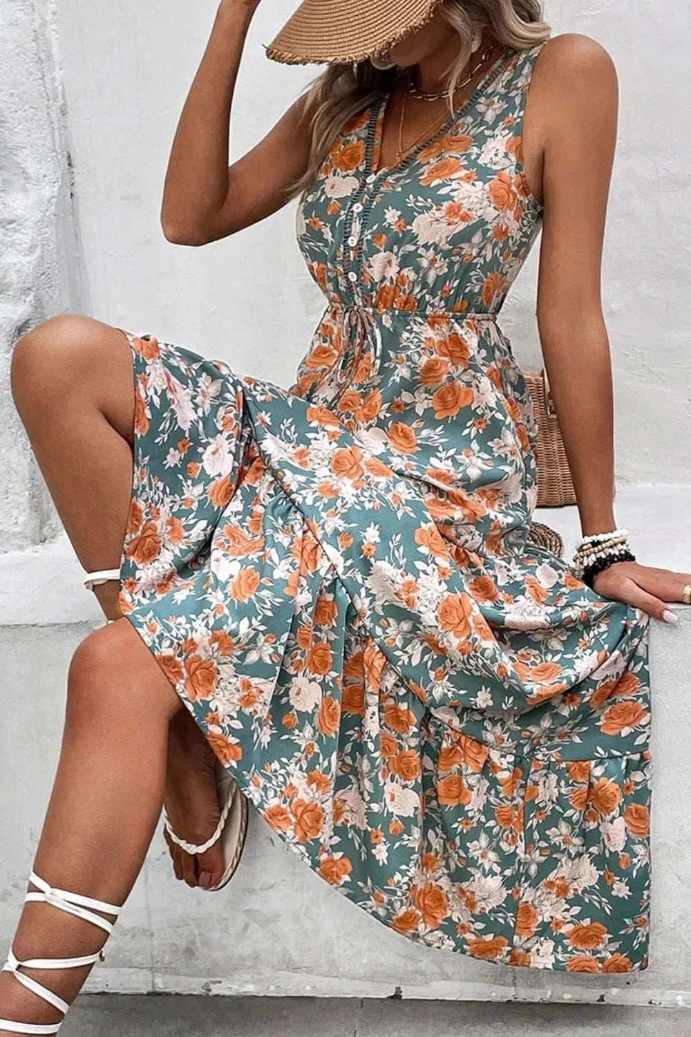Floral Print Trimmed V Neck Tie Waist Sleeveless Dress - Trendsi - Flyclothing LLC