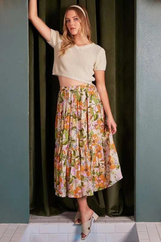 Mittoshop Flower Print Elastic Waist Tiered Skirt - Trendsi - Flyclothing LLC
