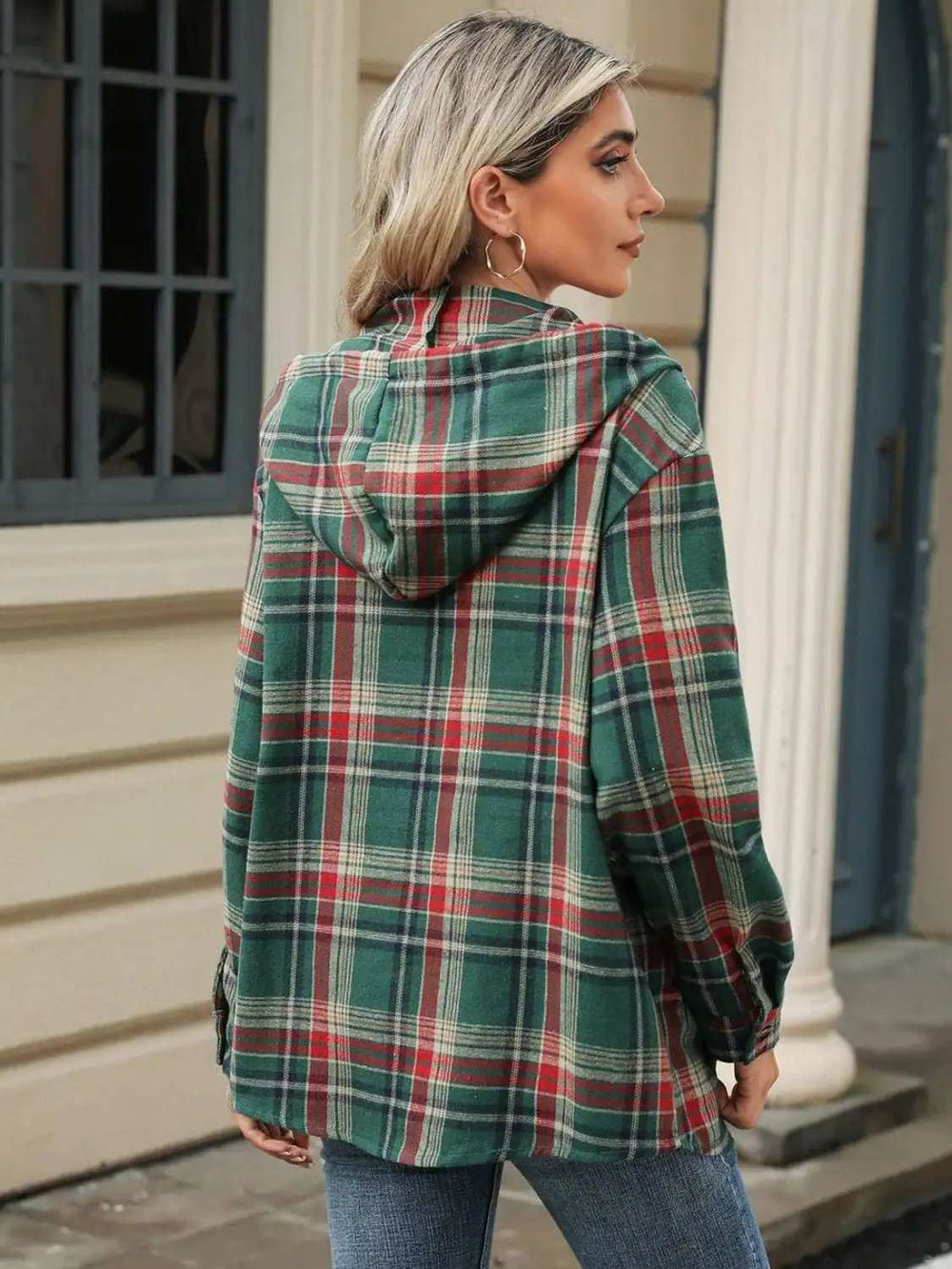 Drawstring Plaid Hooded Long Sleeve Top - Trendsi - Flyclothing LLC