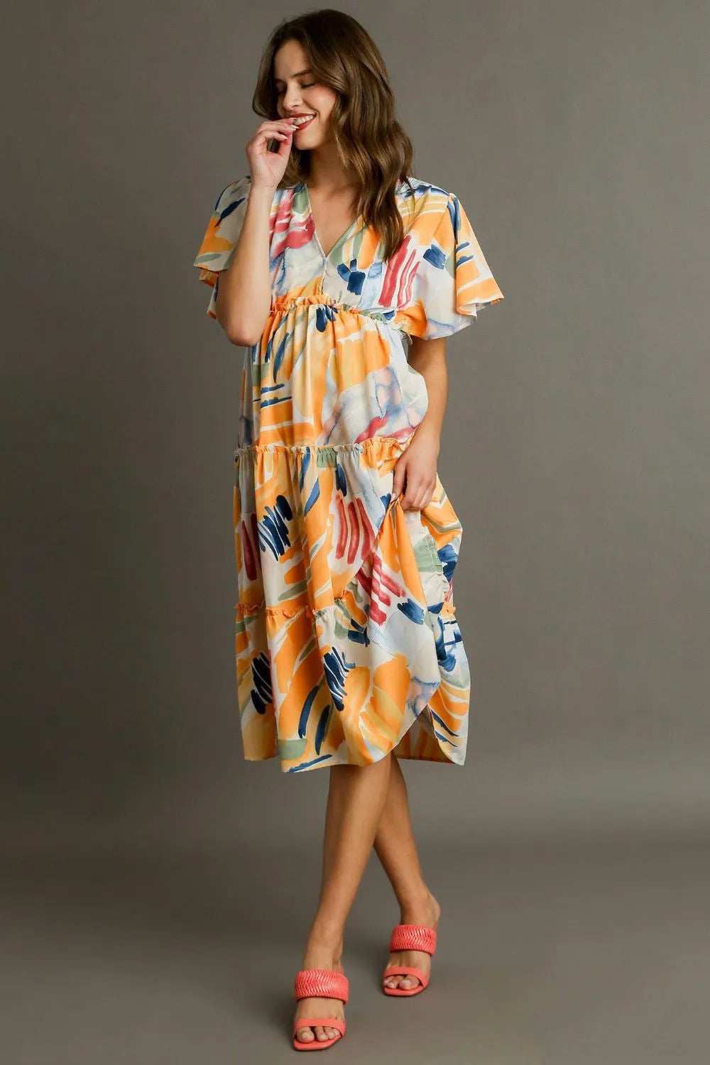 Umgee Full Size Abstract Print Flutter Sleeve Frill Tiered Midi Dress Plus Size - Trendsi - Flyclothing LLC