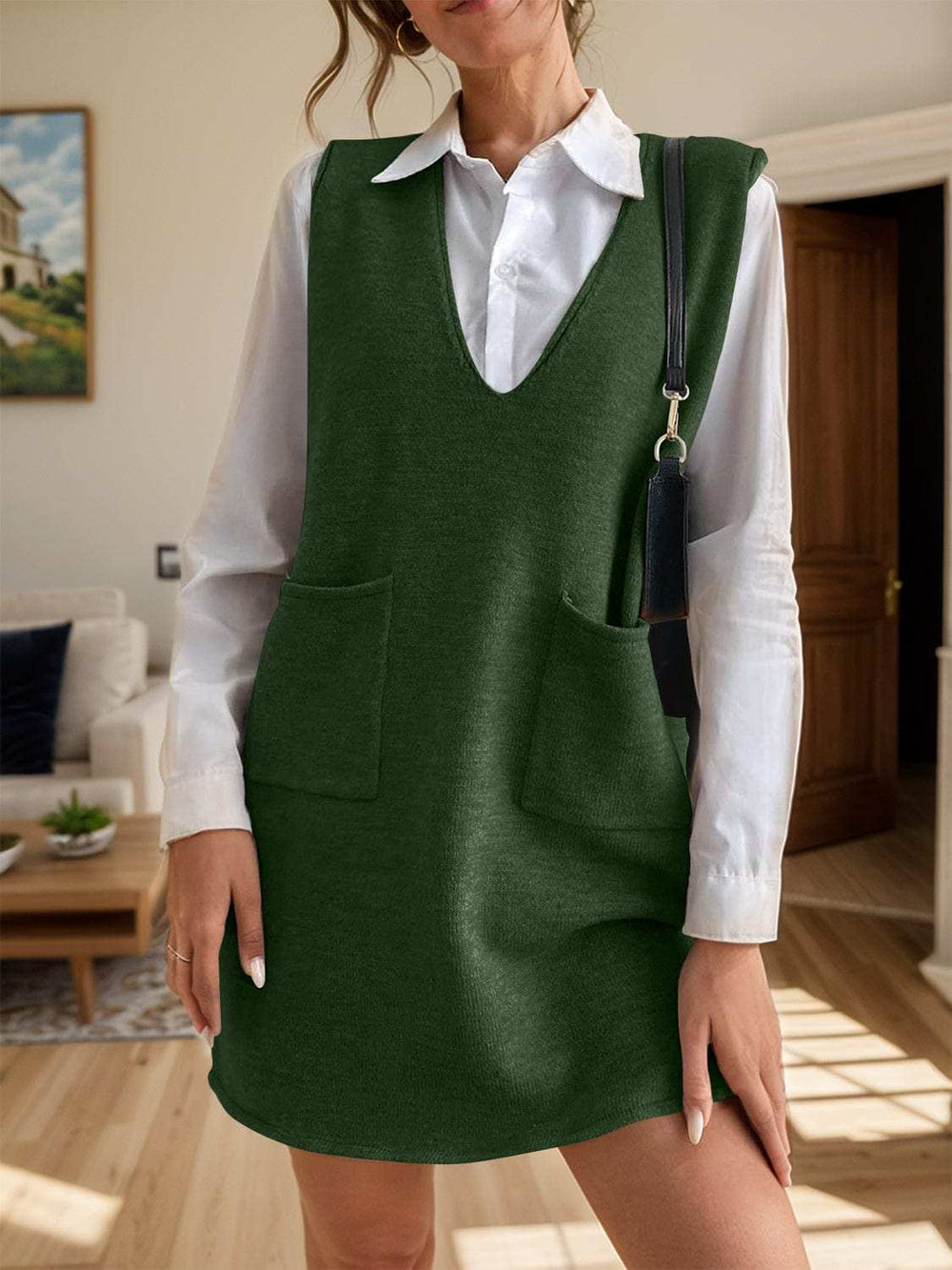 V-Neck Sleeveless Sweater Dress with Pockets - Trendsi - Flyclothing LLC