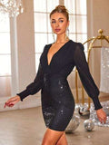 Sequin Surplice Lantern Sleeve Mini Dress - Trendsi - Flyclothing LLC