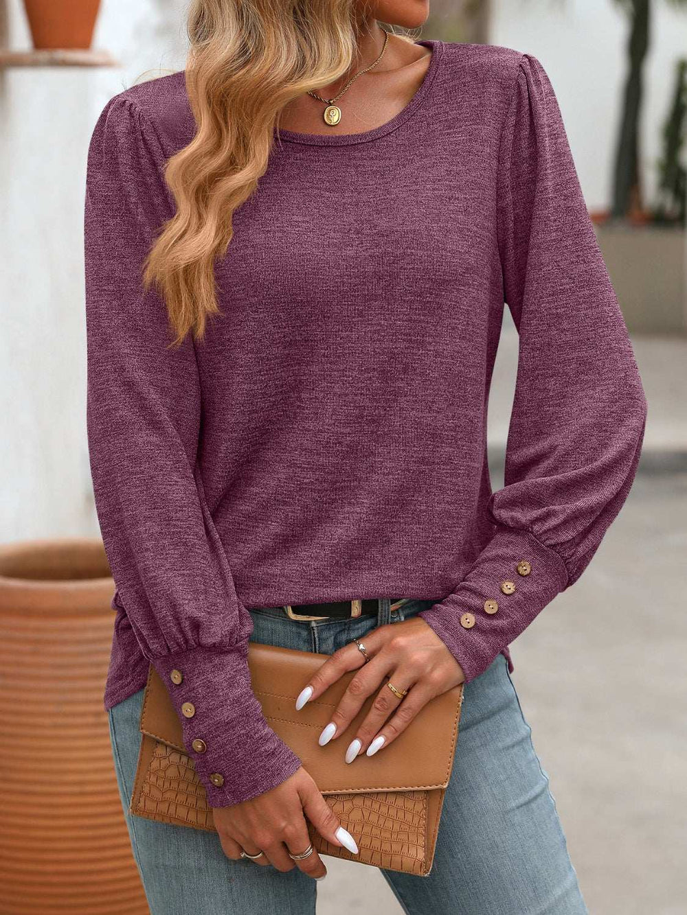 Decorative Button Round Neck Long Sleeve T-Shirt - Trendsi - Flyclothing LLC