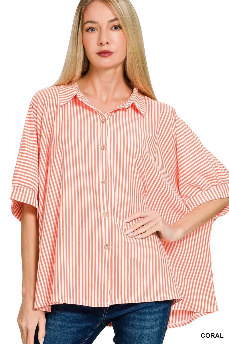 Zenana Oversized Stripe Button Down Shirt - Trendsi - Flyclothing LLC