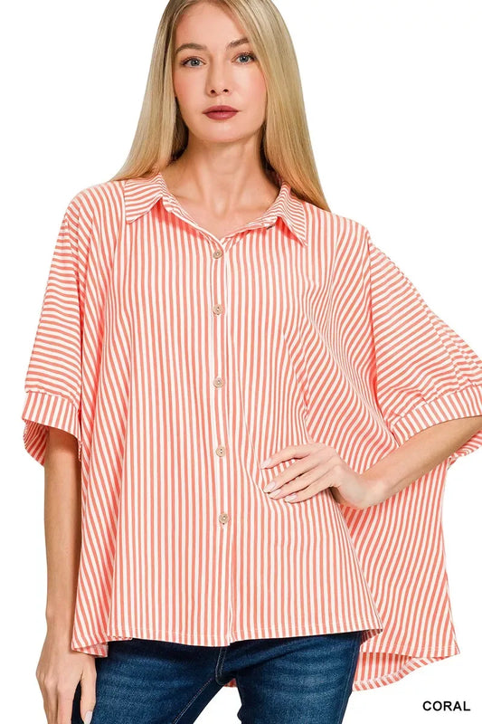 Zenana Oversized Stripe Button Down Shirt - Trendsi - Flyclothing LLC